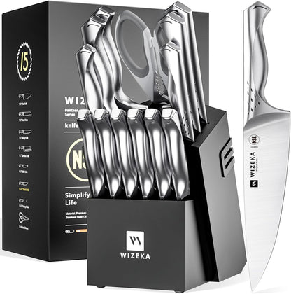 Knife Set with Block 15Pcs, High Carbon Stainless Steel, Razor-Sharp