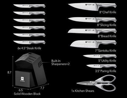Knife Set with Block 15Pcs, High Carbon Stainless Steel, Razor-Sharp