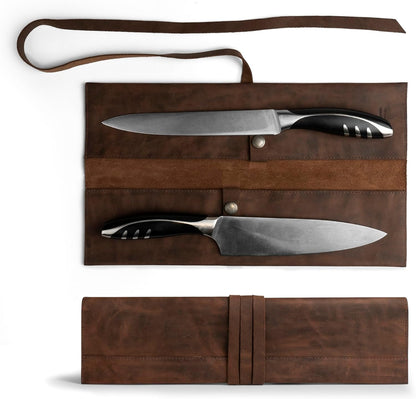 Double Knife Roll for Chefs and Cooks, Vertical Case for Knives, Culinary Accessories, Carry-On Bag for Traveling, Full Grain Leather, Handmade, Bourbon Brown