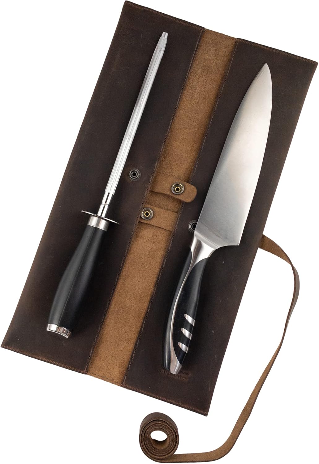 Double Knife Roll for Chefs and Cooks, Vertical Case for Knives, Culinary Accessories, Carry-On Bag for Traveling, Full Grain Leather, Handmade, Bourbon Brown