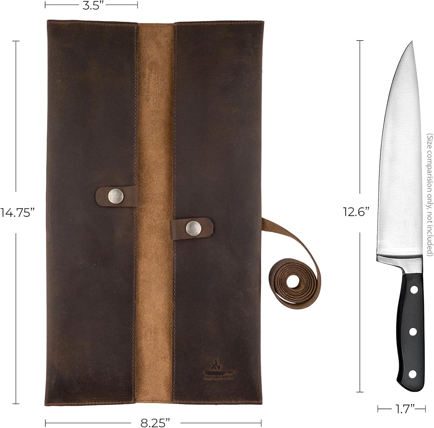 Double Knife Roll for Chefs and Cooks, Vertical Case for Knives, Culinary Accessories, Carry-On Bag for Traveling, Full Grain Leather, Handmade, Bourbon Brown