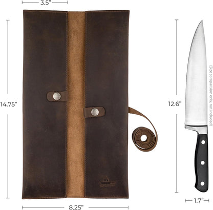 Double Knife Roll for Chefs and Cooks, Vertical Case for Knives, Culinary Accessories, Carry-On Bag for Traveling, Full Grain Leather, Handmade, Bourbon Brown