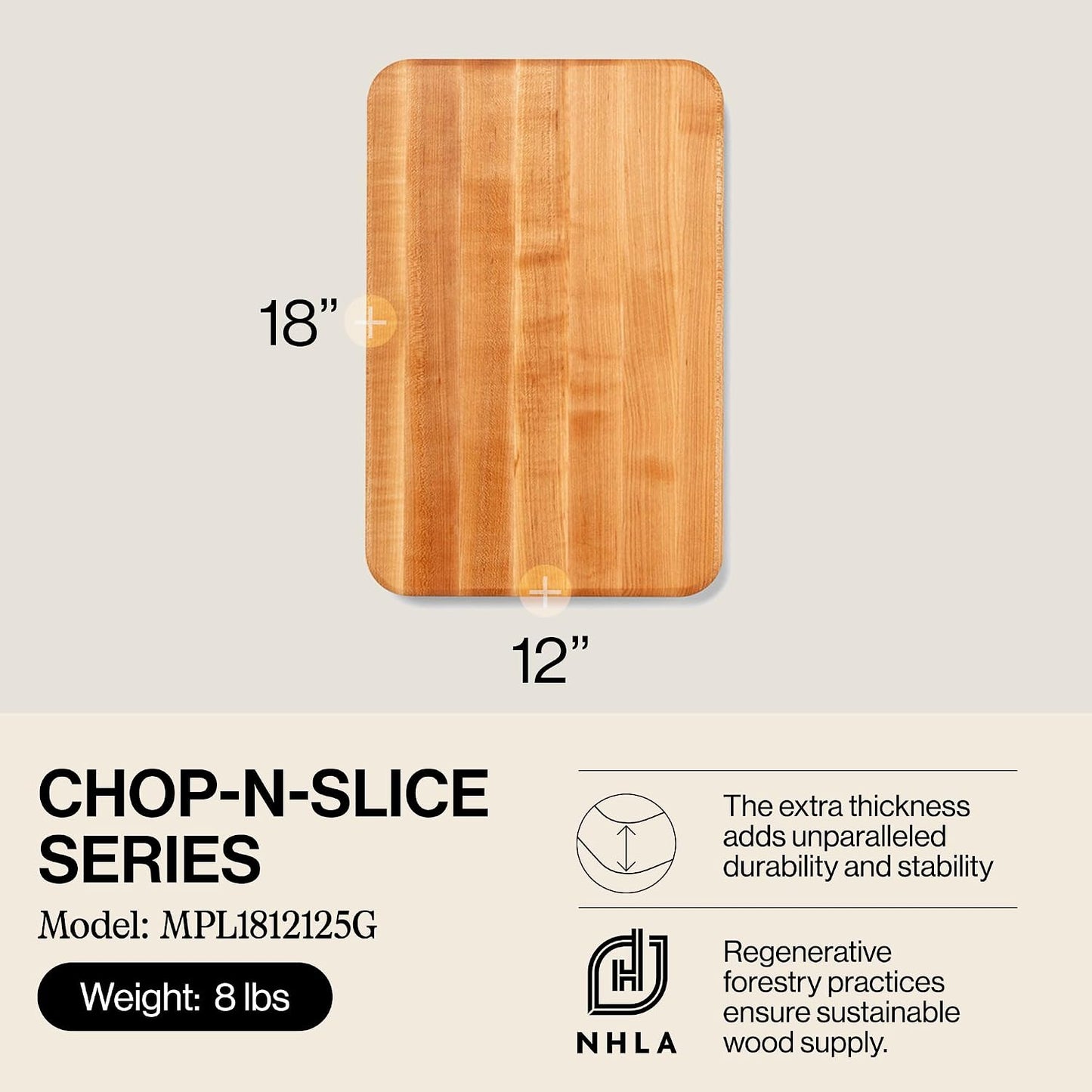 Chop-N-Slice Series Rectangular Wooden Maple Cutting Board | 18”x12" – 1.25” Thick, 8-lb Reversible Butcher Block with Eased Corners, Edge-Grain & Finger Grips – Made in the USA