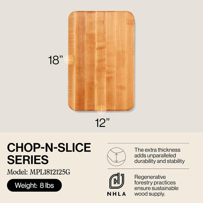 Chop-N-Slice Series Rectangular Wooden Maple Cutting Board | 18”x12" – 1.25” Thick, 8-lb Reversible Butcher Block with Eased Corners, Edge-Grain & Finger Grips – Made in the USA