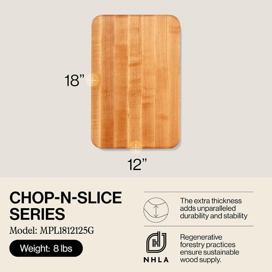 Chop-N-Slice Series Rectangular Wooden Maple Cutting Board | 18”x12" – 1.25” Thick, 8-lb Reversible Butcher Block with Eased Corners, Edge-Grain & Finger Grips – Made in the USA