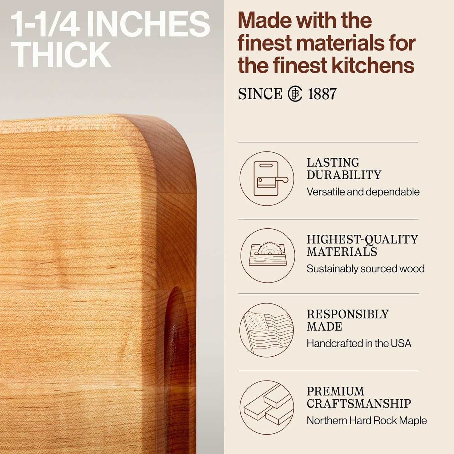 Chop-N-Slice Series Rectangular Wooden Maple Cutting Board | 18”x12" – 1.25” Thick, 8-lb Reversible Butcher Block with Eased Corners, Edge-Grain & Finger Grips – Made in the USA