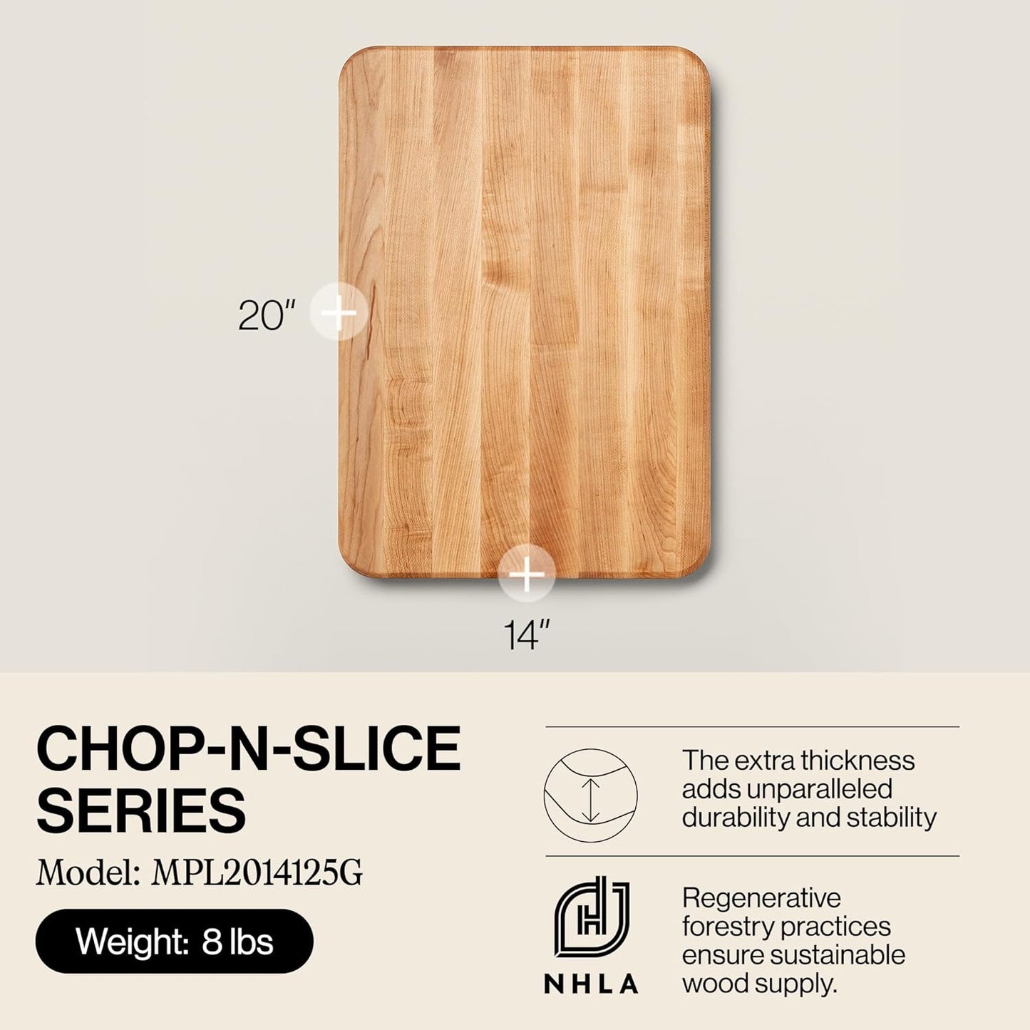Chop-N-Slice Series Rectangular Wooden Maple Cutting Board | 18”x12" – 1.25” Thick, 8-lb Reversible Butcher Block with Eased Corners, Edge-Grain & Finger Grips – Made in the USA