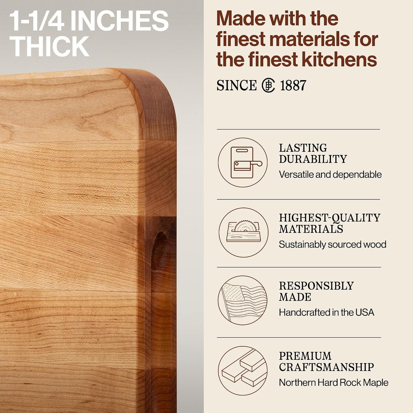 Chop-N-Slice Series Rectangular Wooden Maple Cutting Board | 18”x12" – 1.25” Thick, 8-lb Reversible Butcher Block with Eased Corners, Edge-Grain & Finger Grips – Made in the USA