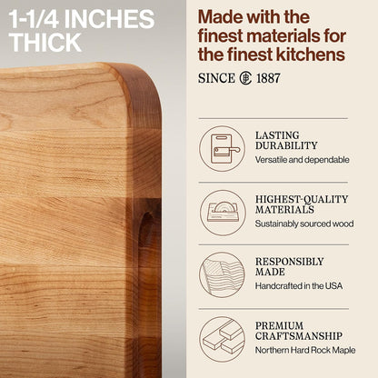 Chop-N-Slice Series Rectangular Wooden Maple Cutting Board | 18”x12" – 1.25” Thick, 8-lb Reversible Butcher Block with Eased Corners, Edge-Grain & Finger Grips – Made in the USA