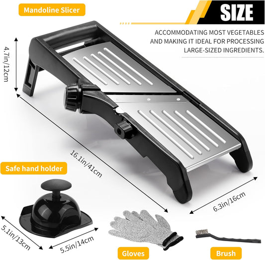 Mandoline Slicer for Kitchen, 7-in-1 Adjustable Vegetable Slicer | Stainless Steel Food slicer, Adjustable Blade, Slices, Julienne, Waffle and French Fries Cut, Includes Gloves and Brush