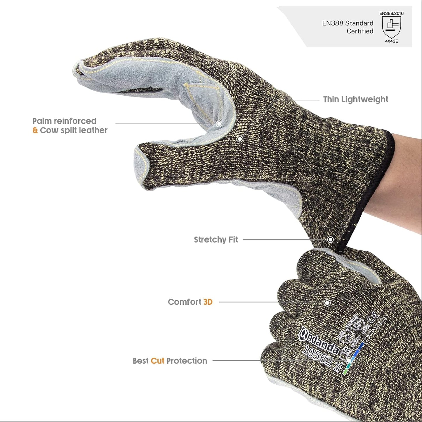 Level 5 Cut Resistant Gloves, Aramid Suture, Cow Split Leather Work Gloves Suitable for Men/Women Working in Gardening, Large/1 Pair