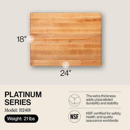 Platinum Commercial Series Rectangular Wooden Maple Cutting Board 24”x18” – 1.75” Thick, 21-lb Reversible Butcher Block with 1/4” Radius Edges, Edge-Grain & Finger Grips – Made in the USA