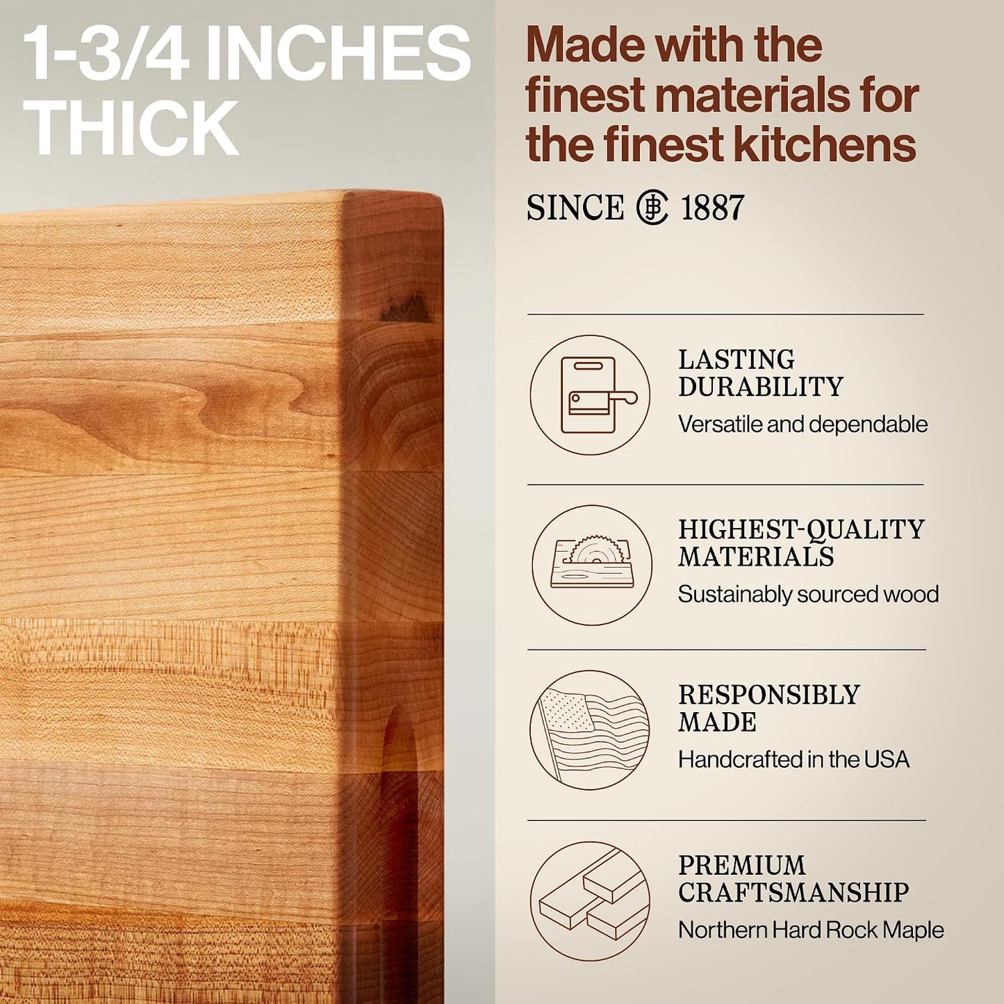 Platinum Commercial Series Rectangular Wooden Maple Cutting Board 24”x18” – 1.75” Thick, 21-lb Reversible Butcher Block with 1/4” Radius Edges, Edge-Grain & Finger Grips – Made in the USA