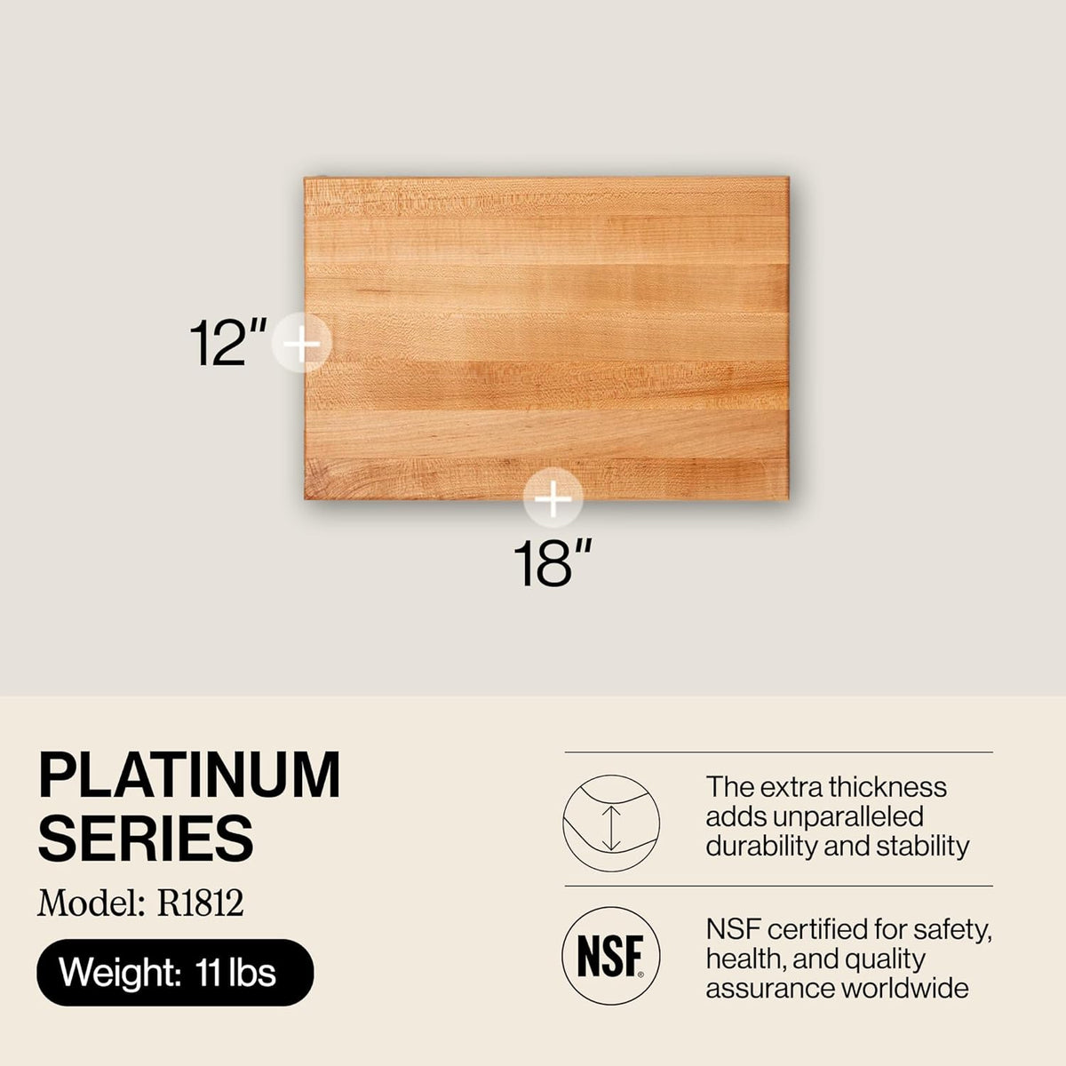 Platinum Commercial Series Rectangular Wooden Maple Cutting Board 24”x18” – 1.75” Thick, 21-lb Reversible Butcher Block with 1/4” Radius Edges, Edge-Grain & Finger Grips – Made in the USA