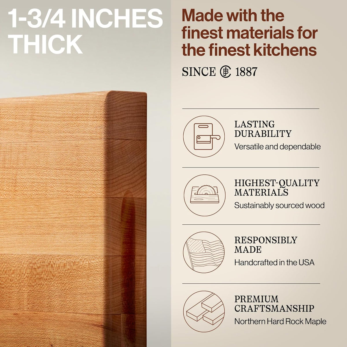 Platinum Commercial Series Rectangular Wooden Maple Cutting Board 24”x18” – 1.75” Thick, 21-lb Reversible Butcher Block with 1/4” Radius Edges, Edge-Grain & Finger Grips – Made in the USA