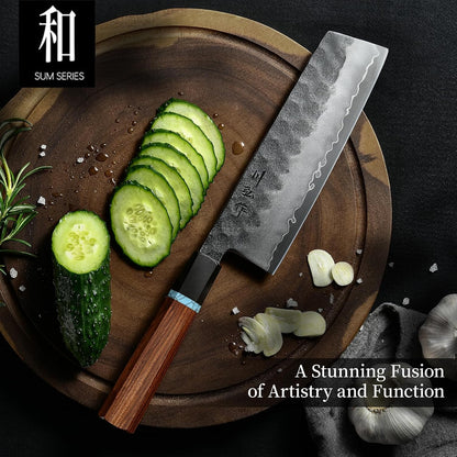 Japanese Nakiri Knife, 7 Inch Handcrafted VG10 High Carbon Stainless Steel Vegetable Chef Knife, Professional Sharp Kitchen Knives with Ergonomic Ruby Wood Handle and Gift Wood Box