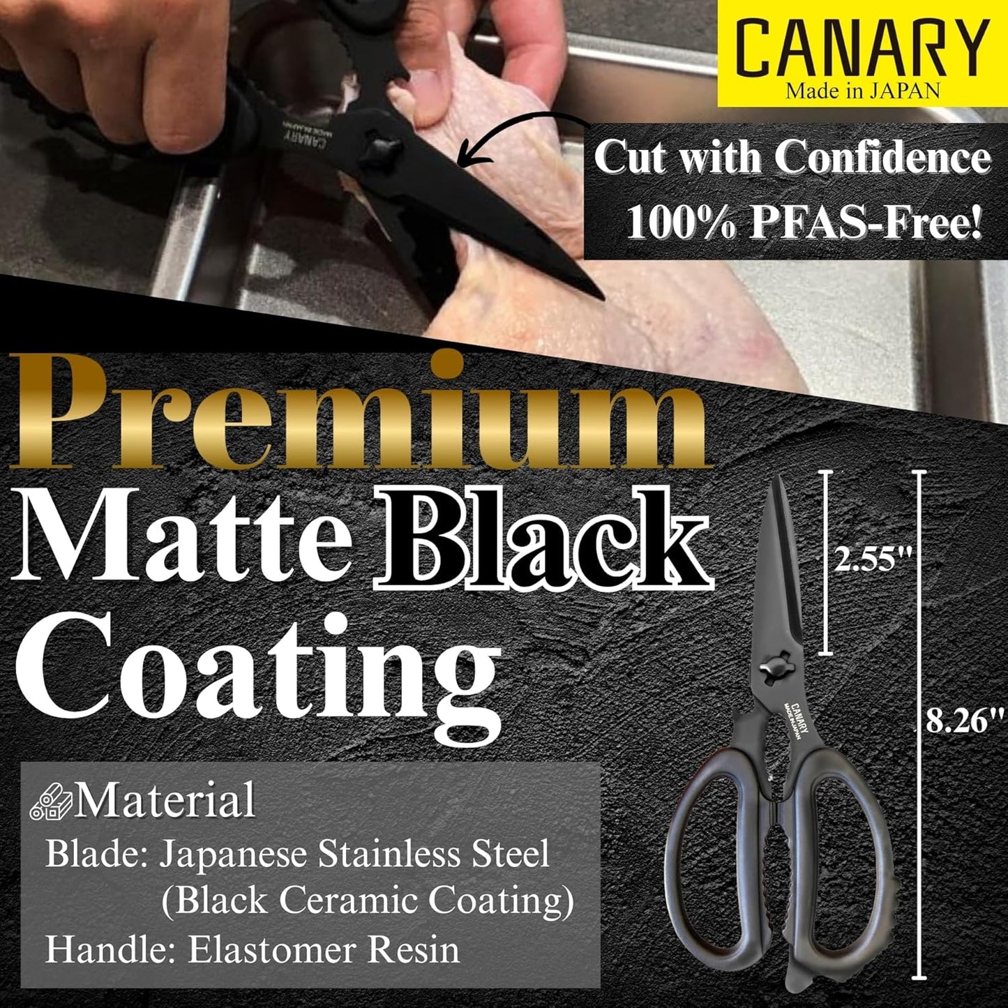Japanese Kitchen Scissors Heavy Duty 8.2", Made in JAPAN, Dishwasher Safe Come Apart Blade, Multipurpose Kitchen Scissors, Sharp Serrated Japanese Stainless Steel, Black