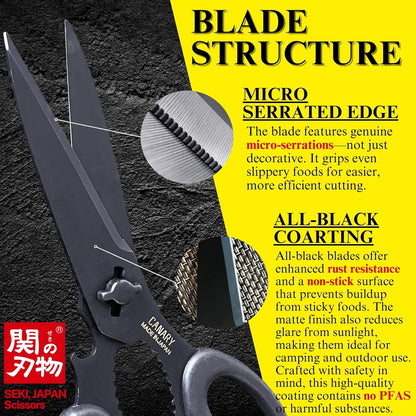 Japanese Kitchen Scissors Heavy Duty 8.2", Made in JAPAN, Dishwasher Safe Come Apart Blade, Multipurpose Kitchen Scissors, Sharp Serrated Japanese Stainless Steel, Black