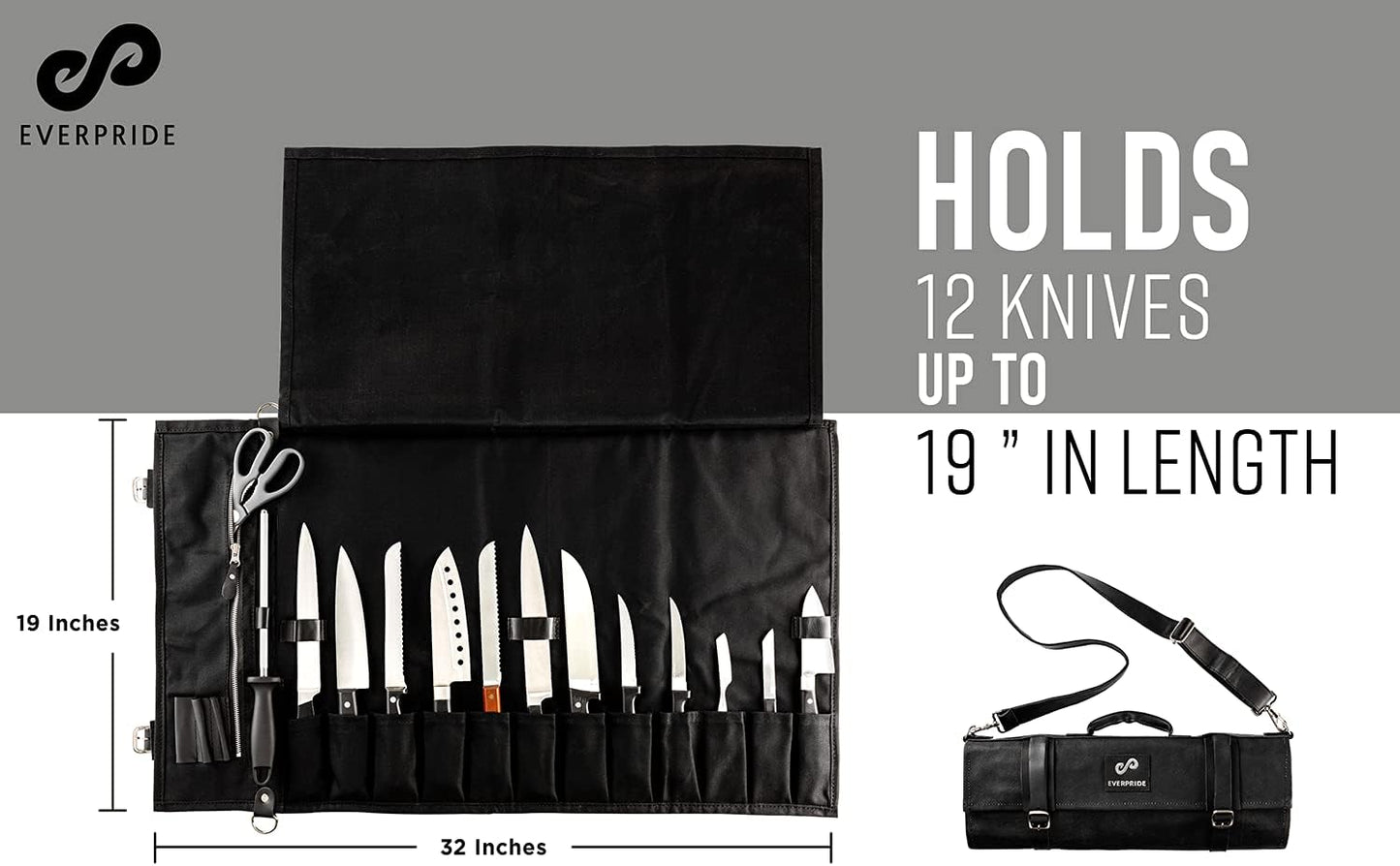 Waxed Canvas and Genuine Leather Trim Chef Knife Roll Bag Holds 12 Knives and Cooking Tools – Durable, Large Knife Case – Elegant Chef Bag for Professional Cooks and Students