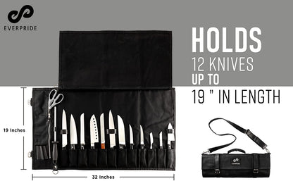 Waxed Canvas and Genuine Leather Trim Chef Knife Roll Bag Holds 12 Knives and Cooking Tools – Durable, Large Knife Case – Elegant Chef Bag for Professional Cooks and Students