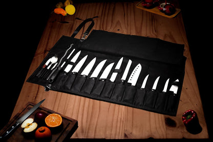 Waxed Canvas and Genuine Leather Trim Chef Knife Roll Bag Holds 12 Knives and Cooking Tools – Durable, Large Knife Case – Elegant Chef Bag for Professional Cooks and Students