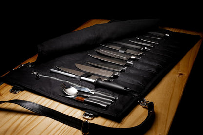 Waxed Canvas and Genuine Leather Trim Chef Knife Roll Bag Holds 12 Knives and Cooking Tools – Durable, Large Knife Case – Elegant Chef Bag for Professional Cooks and Students
