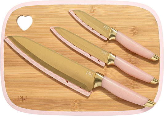 Paris Hilton Bamboo Cutting Board for Kitchen, Reversible Cutting Board and Cutlery Set with High Carbon Stainless Steel Knives and Blade Guards, Comfortable Handle Grips, 7-Piece Set, Gold and Pink