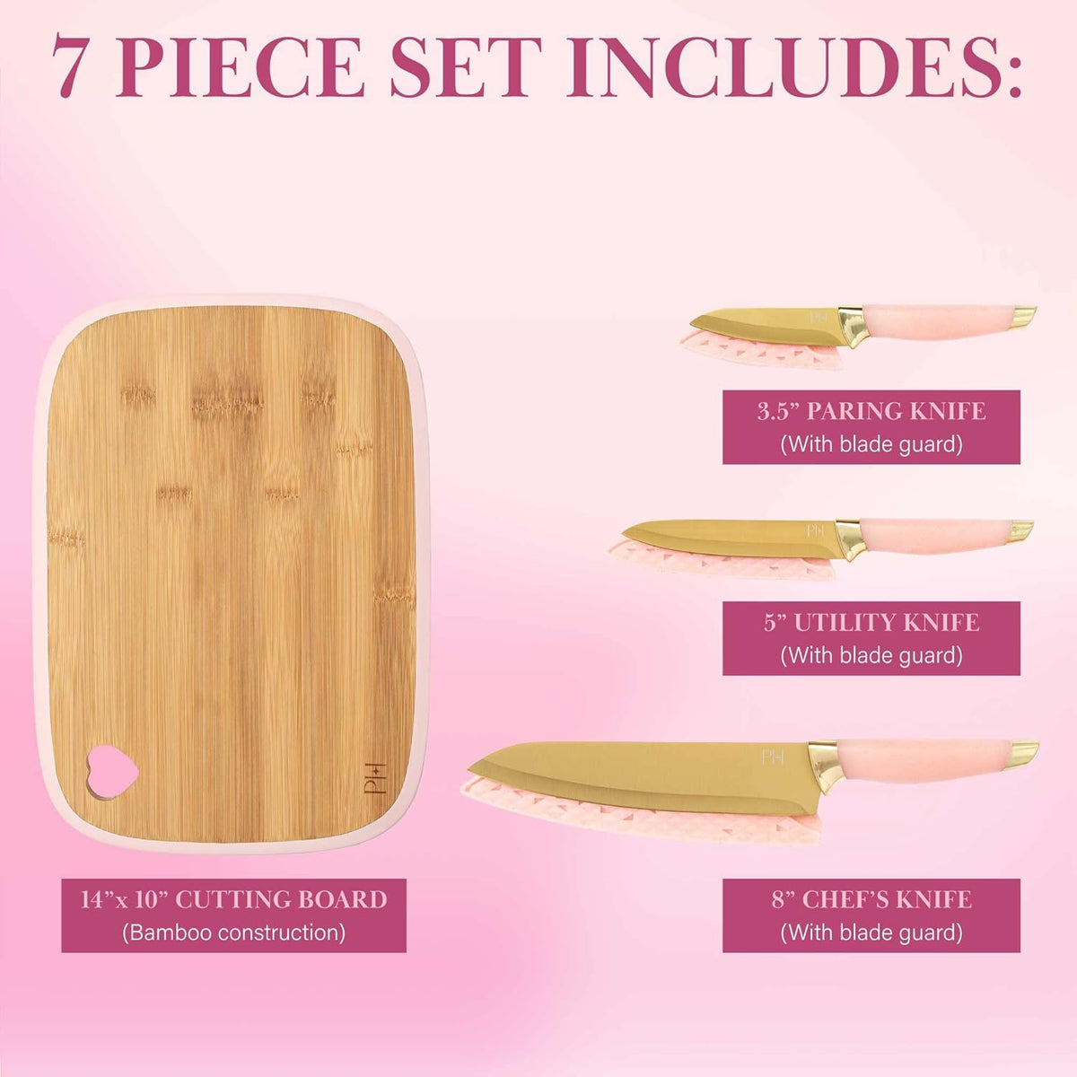 Paris Hilton Bamboo Cutting Board for Kitchen, Reversible Cutting Board and Cutlery Set with High Carbon Stainless Steel Knives and Blade Guards, Comfortable Handle Grips, 7-Piece Set, Gold and Pink