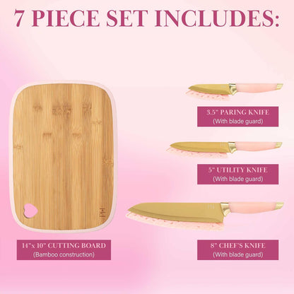 Paris Hilton Bamboo Cutting Board for Kitchen, Reversible Cutting Board and Cutlery Set with High Carbon Stainless Steel Knives and Blade Guards, Comfortable Handle Grips, 7-Piece Set, Gold and Pink