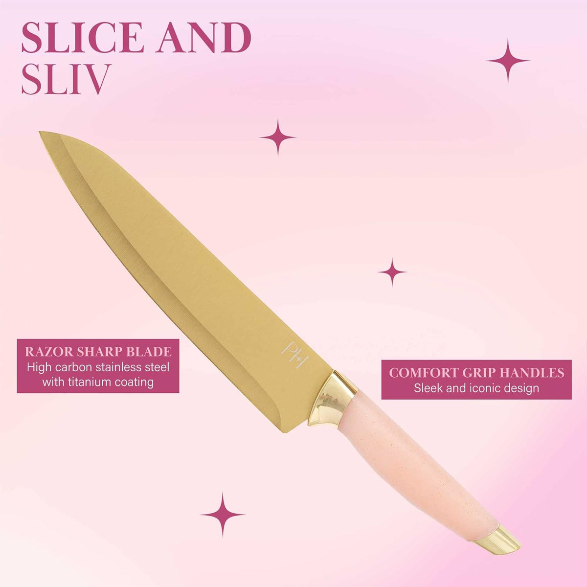 Paris Hilton Bamboo Cutting Board for Kitchen, Reversible Cutting Board and Cutlery Set with High Carbon Stainless Steel Knives and Blade Guards, Comfortable Handle Grips, 7-Piece Set, Gold and Pink