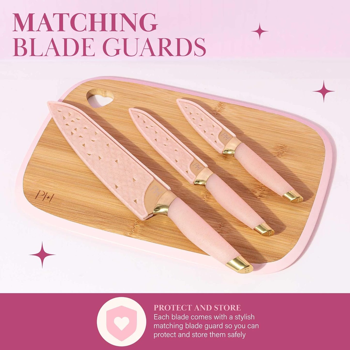 Paris Hilton Bamboo Cutting Board for Kitchen, Reversible Cutting Board and Cutlery Set with High Carbon Stainless Steel Knives and Blade Guards, Comfortable Handle Grips, 7-Piece Set, Gold and Pink