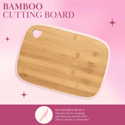 Paris Hilton Bamboo Cutting Board for Kitchen, Reversible Cutting Board and Cutlery Set with High Carbon Stainless Steel Knives and Blade Guards, Comfortable Handle Grips, 7-Piece Set, Gold and Pink