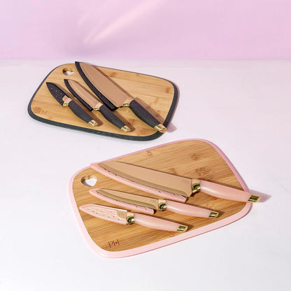 Paris Hilton Bamboo Cutting Board for Kitchen, Reversible Cutting Board and Cutlery Set with High Carbon Stainless Steel Knives and Blade Guards, Comfortable Handle Grips, 7-Piece Set, Gold and Pink