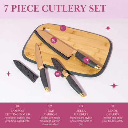 Paris Hilton Bamboo Cutting Board for Kitchen, Reversible Cutting Board and Cutlery Set with High Carbon Stainless Steel Knives and Blade Guards, Comfortable Handle Grips, 7-Piece Set, Gold and Pink