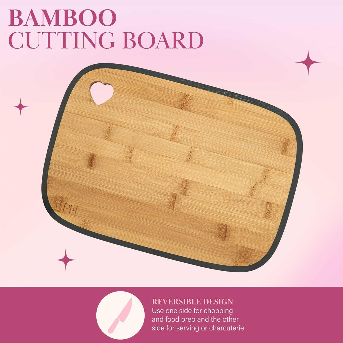 Paris Hilton Bamboo Cutting Board for Kitchen, Reversible Cutting Board and Cutlery Set with High Carbon Stainless Steel Knives and Blade Guards, Comfortable Handle Grips, 7-Piece Set, Gold and Pink