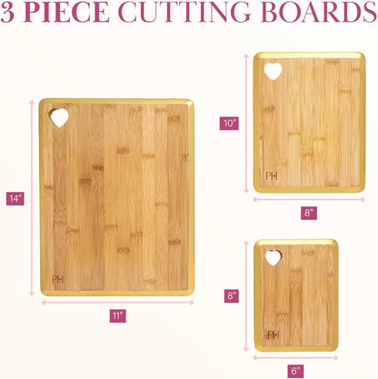 Paris Hilton Bamboo Cutting Board for Kitchen, Reversible Cutting Board and Cutlery Set with High Carbon Stainless Steel Knives and Blade Guards, Comfortable Handle Grips, 7-Piece Set, Gold and Pink