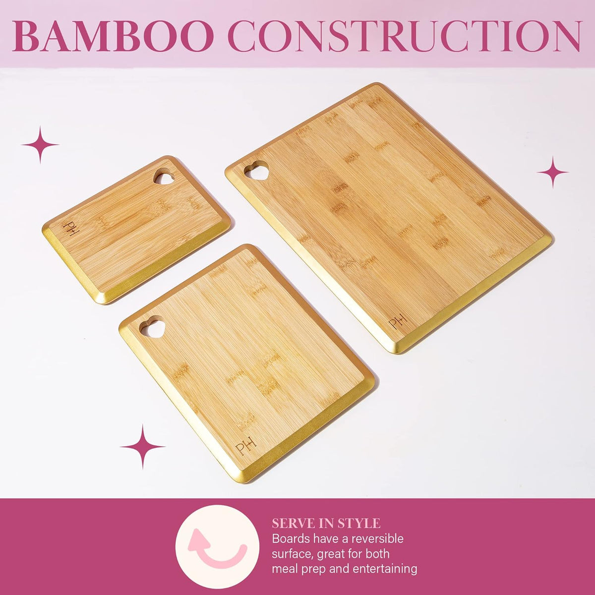Paris Hilton Bamboo Cutting Board for Kitchen, Reversible Cutting Board and Cutlery Set with High Carbon Stainless Steel Knives and Blade Guards, Comfortable Handle Grips, 7-Piece Set, Gold and Pink