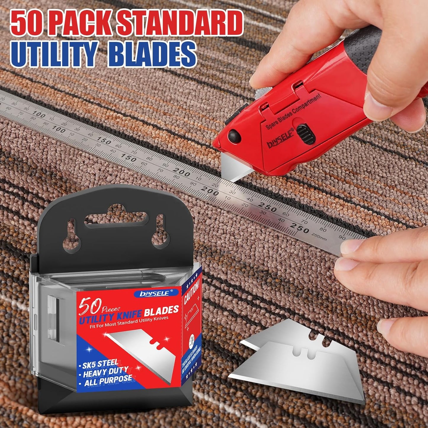50 Pack Utility Knife Blades, SK5 Steel Box Cutter Blades with Dispenser, Standard Blades for Box Cutter Utility Knife Replacement, Sharper Utility Blade, Refills