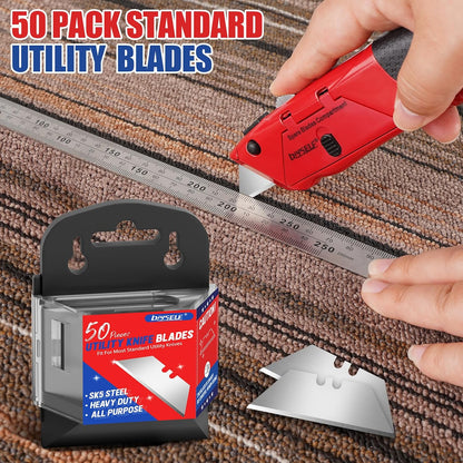 50 Pack Utility Knife Blades, SK5 Steel Box Cutter Blades with Dispenser, Standard Blades for Box Cutter Utility Knife Replacement, Sharper Utility Blade, Refills