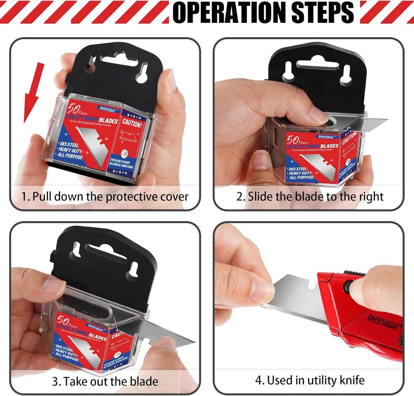 50 Pack Utility Knife Blades, SK5 Steel Box Cutter Blades with Dispenser, Standard Blades for Box Cutter Utility Knife Replacement, Sharper Utility Blade, Refills