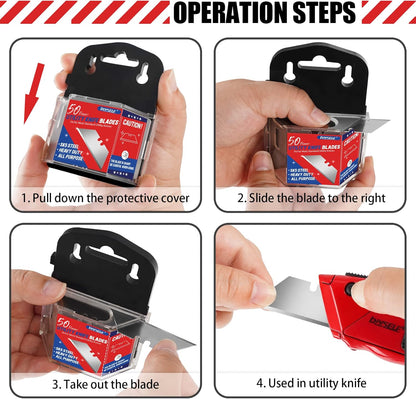 50 Pack Utility Knife Blades, SK5 Steel Box Cutter Blades with Dispenser, Standard Blades for Box Cutter Utility Knife Replacement, Sharper Utility Blade, Refills