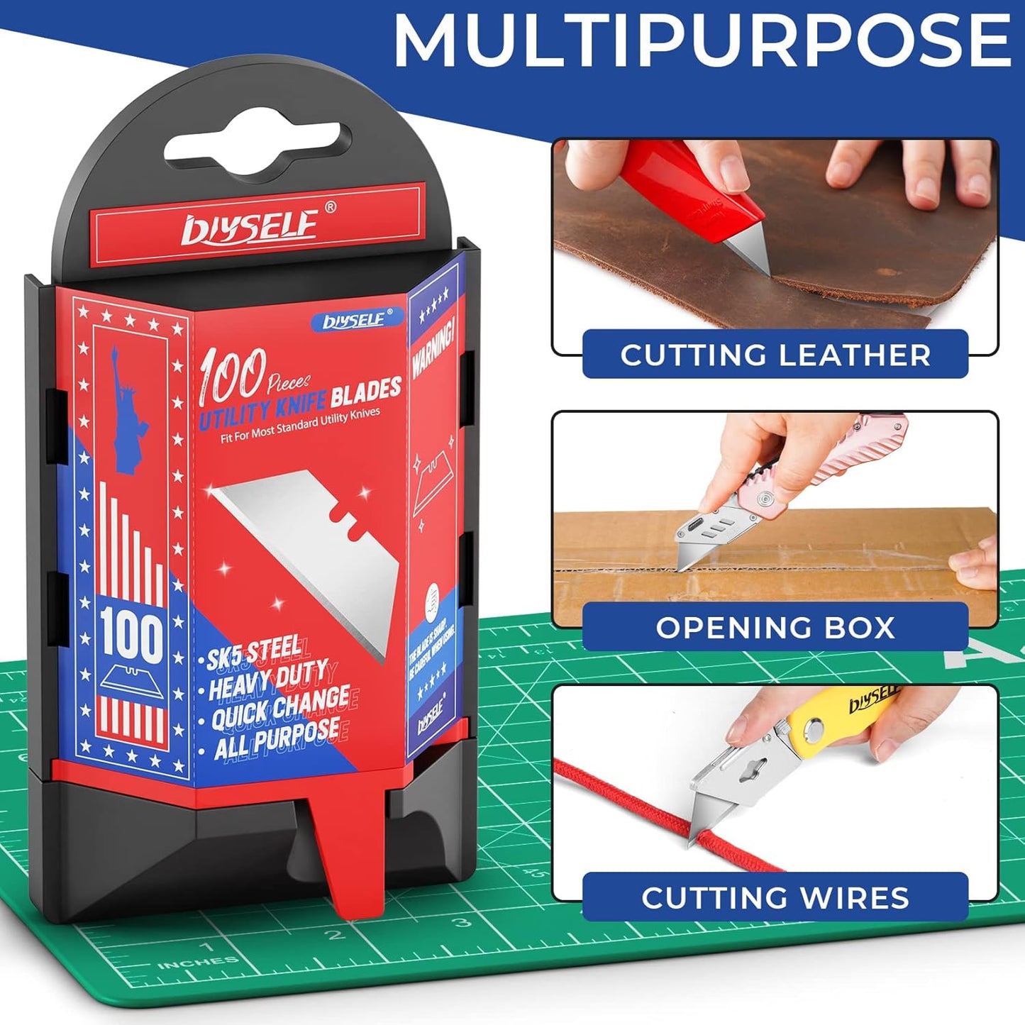50 Pack Utility Knife Blades, SK5 Steel Box Cutter Blades with Dispenser, Standard Blades for Box Cutter Utility Knife Replacement, Sharper Utility Blade, Refills