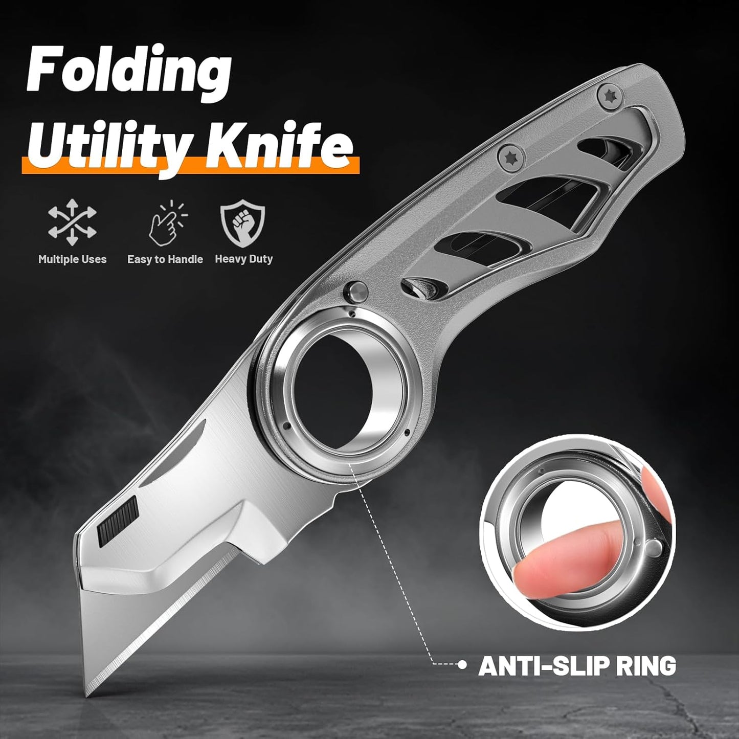 Folding Utility Knife Pocket Knife, Heavy-Duty Box Cutter with Aluminum Body, Quick-Change Blades, Anti Slip Finger Loop, Box Cutters for Home, Office, Warehouse, Durable Razor Knife, Box Knife - Grey