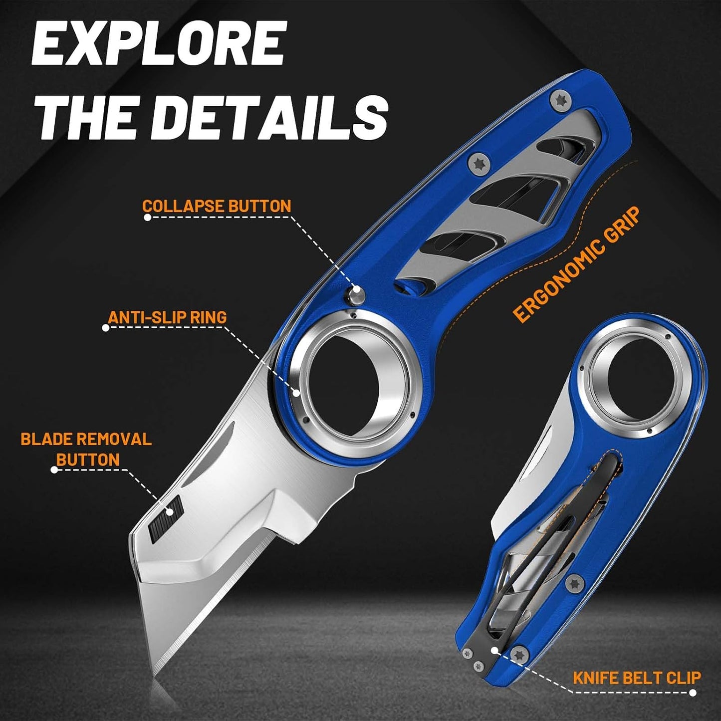Folding Utility Knife Pocket Knife, Heavy-Duty Box Cutter with Aluminum Body, Quick-Change Blades, Anti Slip Finger Loop, Box Cutters for Home, Office, Warehouse, Durable Razor Knife, Box Knife - Grey