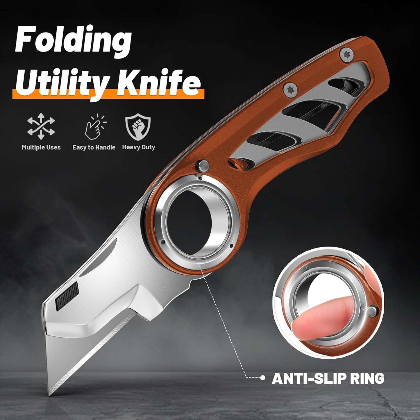 Folding Utility Knife Pocket Knife, Heavy-Duty Box Cutter with Aluminum Body, Quick-Change Blades, Anti Slip Finger Loop, Box Cutters for Home, Office, Warehouse, Durable Razor Knife, Box Knife - Grey