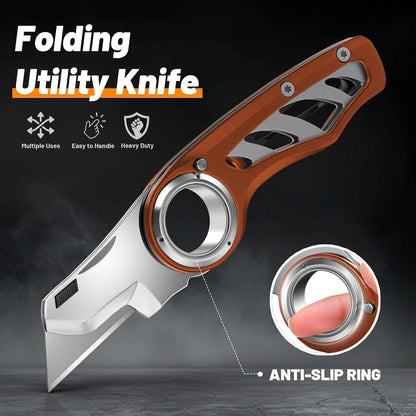 Folding Utility Knife Pocket Knife, Heavy-Duty Box Cutter with Aluminum Body, Quick-Change Blades, Anti Slip Finger Loop, Box Cutters for Home, Office, Warehouse, Durable Razor Knife, Box Knife - Grey