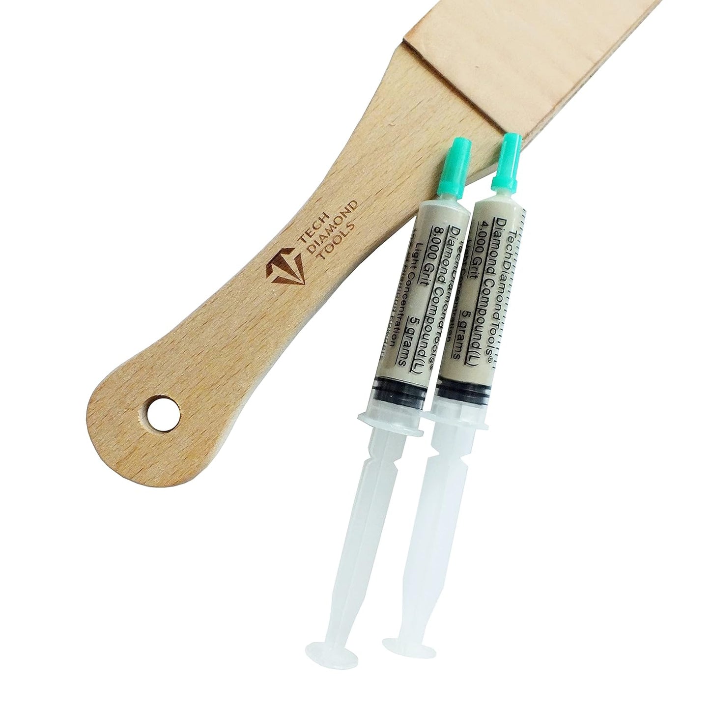 Kit of 11” Long Leather Paddle Strop for Knife Sharpening and Two Diamond Polishing Compounds with Light Concentration for Sharpening Knives, Double Sided Leather Strop USA Made