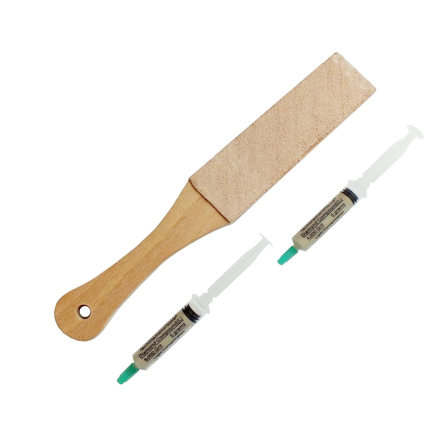 Kit of 11” Long Leather Paddle Strop for Knife Sharpening and Two Diamond Polishing Compounds with Light Concentration for Sharpening Knives, Double Sided Leather Strop USA Made