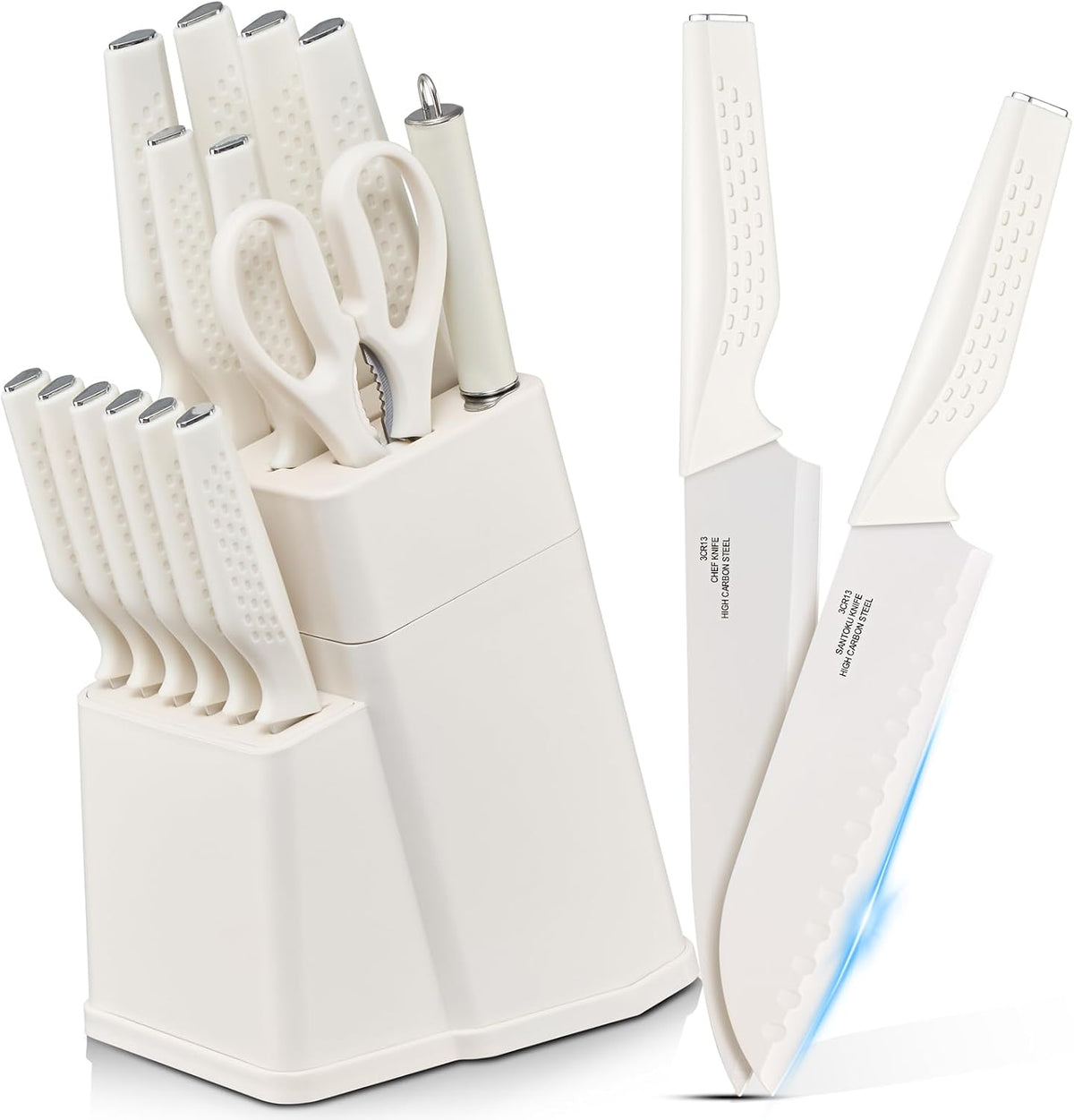 Knife Set, 15-Piece Kitchen Knife Block Set with Sharpener, High Carbon Steel Chef Paring Steak Knives with Ergonomic Non-Slip Handle, Anti-Rust & Razor Sharp, White
