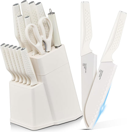 Knife Set, 15-Piece Kitchen Knife Block Set with Sharpener, High Carbon Steel Chef Paring Steak Knives with Ergonomic Non-Slip Handle, Anti-Rust & Razor Sharp, White